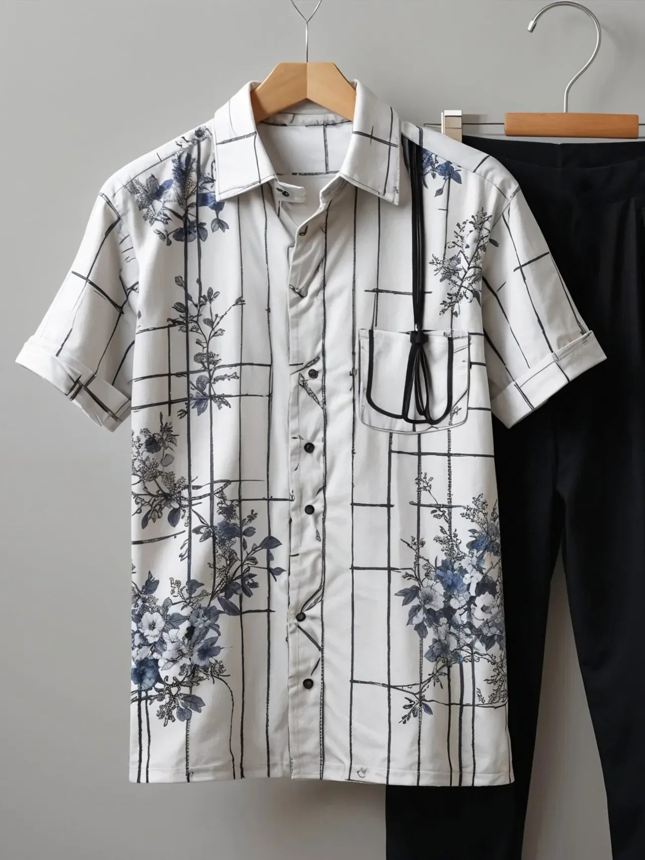 Modern Grid Floral Co-ord – Korean Fit Shirt with Black Pants