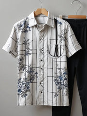 Modern Grid Floral Co-ord – Korean Fit Shirt with Black Pants