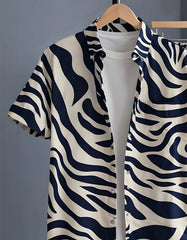 Ivory & Navy Zebra Wave Print Shirt with Relaxed Fit Matching Pants