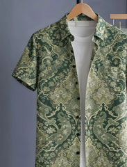 Premium Green Baroque Print Shirt with Relaxed Fit Solid Pants – Men’s Cord Set