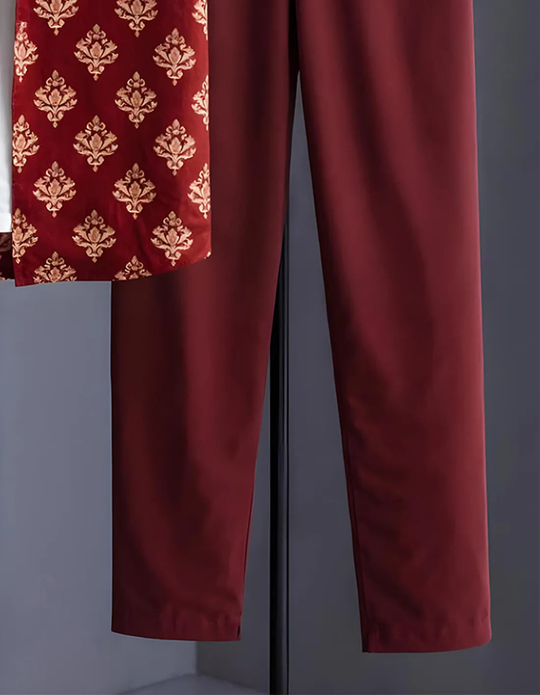Maroon Baroque Motif Print Shirt with Relaxed Fit Solid Pants – Men’s Premium Cord Set