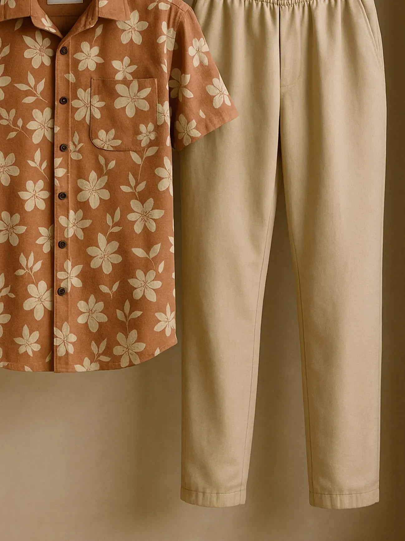 Retro Bloom Co-ord Set – Korean Fit Shirt with Minimal Beige Pants