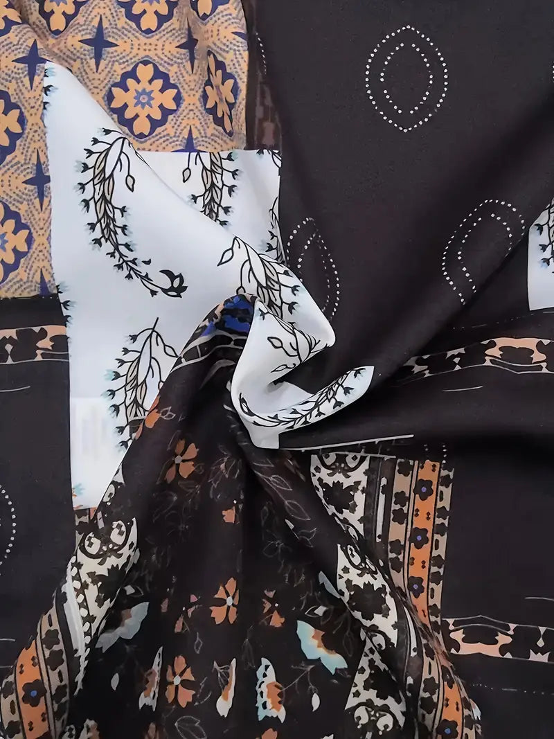 Korean Co-ord Set – Retro Patchwork Shirt Paired with Black Cotton Trousers
