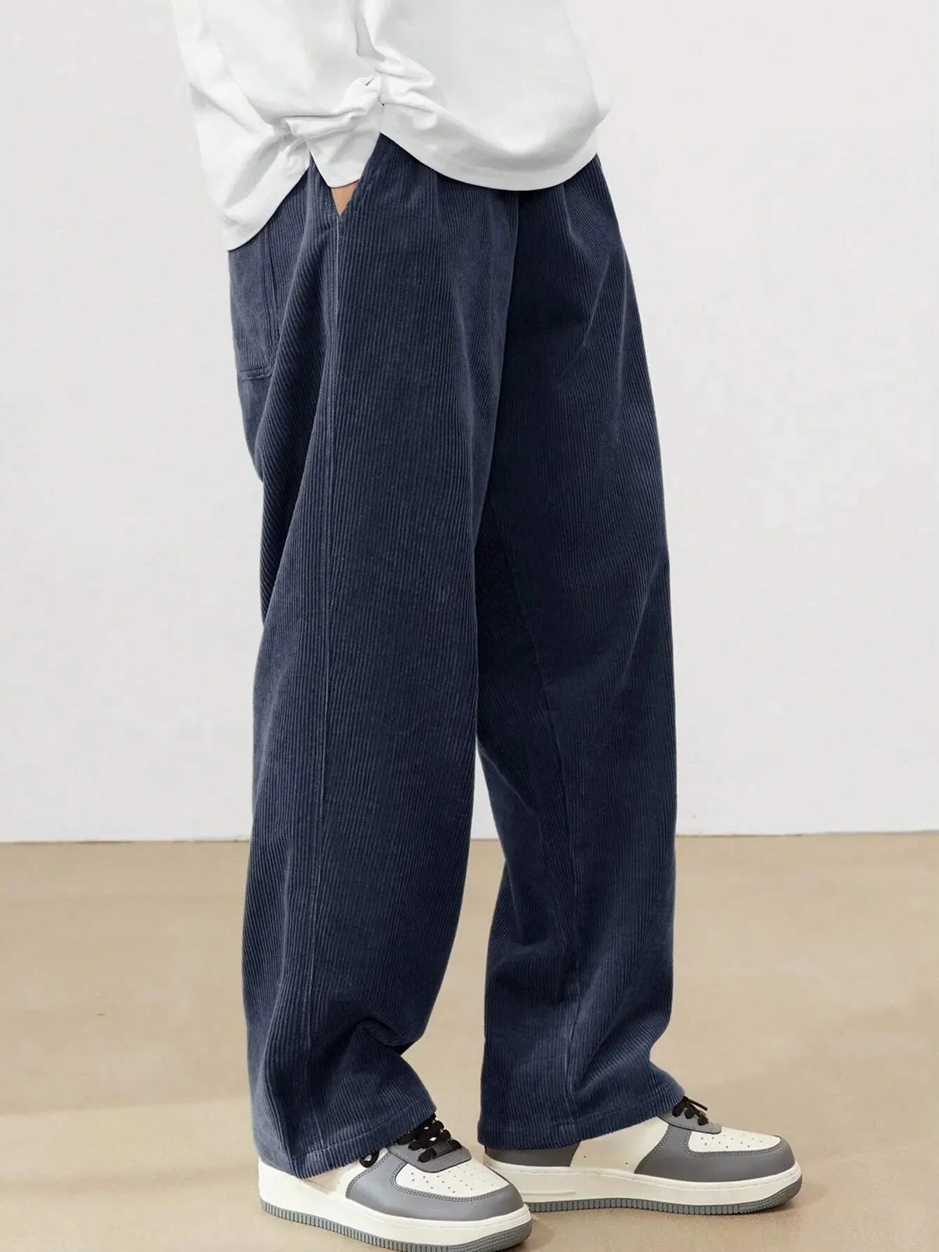 Navy Blue Korean Casual Regular Fit Corduroy Trouser