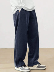 Navy Blue Korean Casual Regular Fit Corduroy Trouser