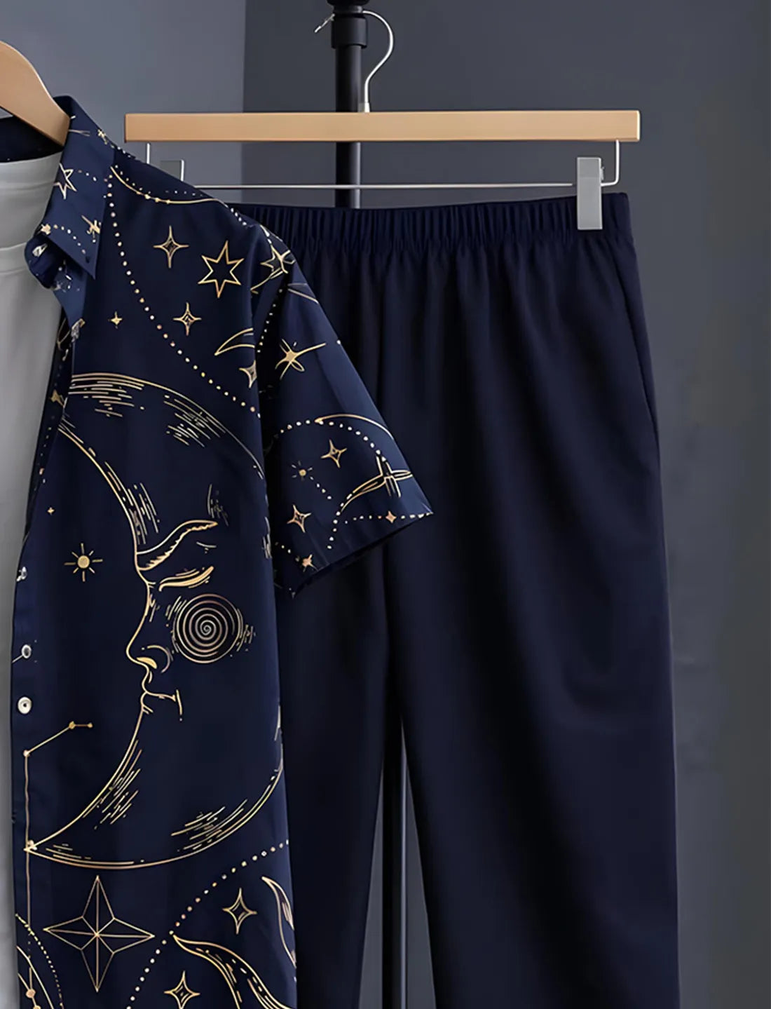 Midnight Blue Celestial Sun & Moon Print Shirt with Relaxed Fit Solid Pants