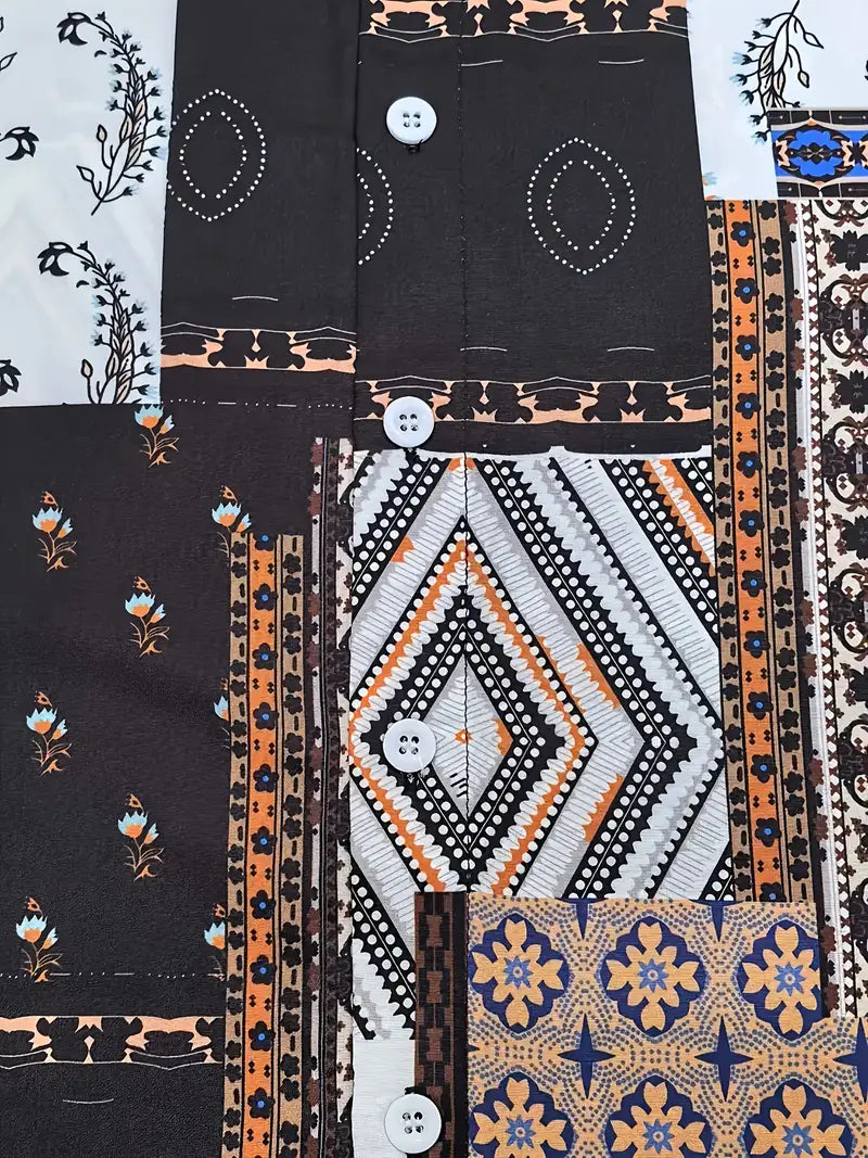 Korean Co-ord Set – Retro Patchwork Shirt Paired with Black Cotton Trousers