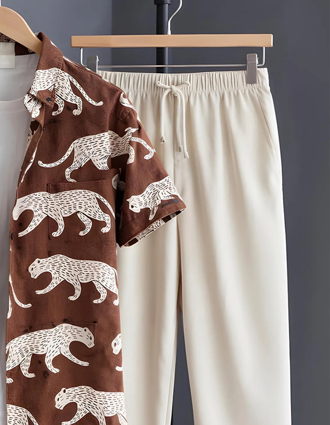 Brown Panther Motif Print Shirt with Relaxed Fit Solid Pants – Men’s Premium Cord Set