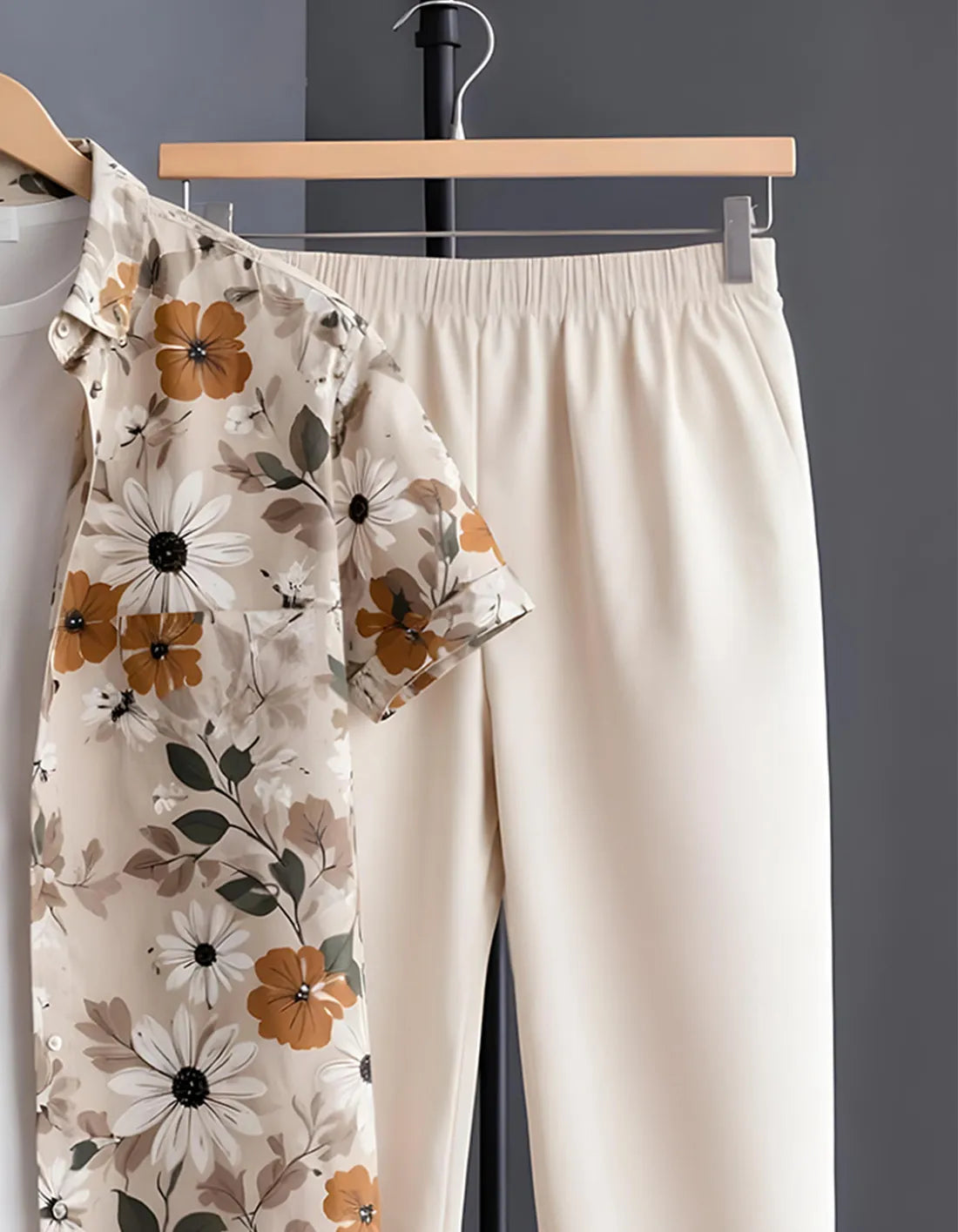 Beige Daisy Floral Print Shirt with Relaxed Fit Solid Pants – Men’s Premium Cord Set