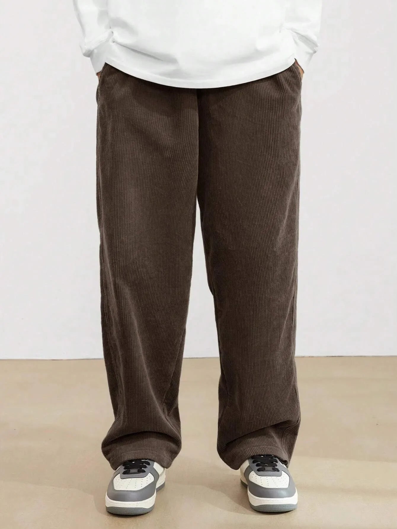 Coffee Brown Korean Casual Regular Fit Corduroy Trouser