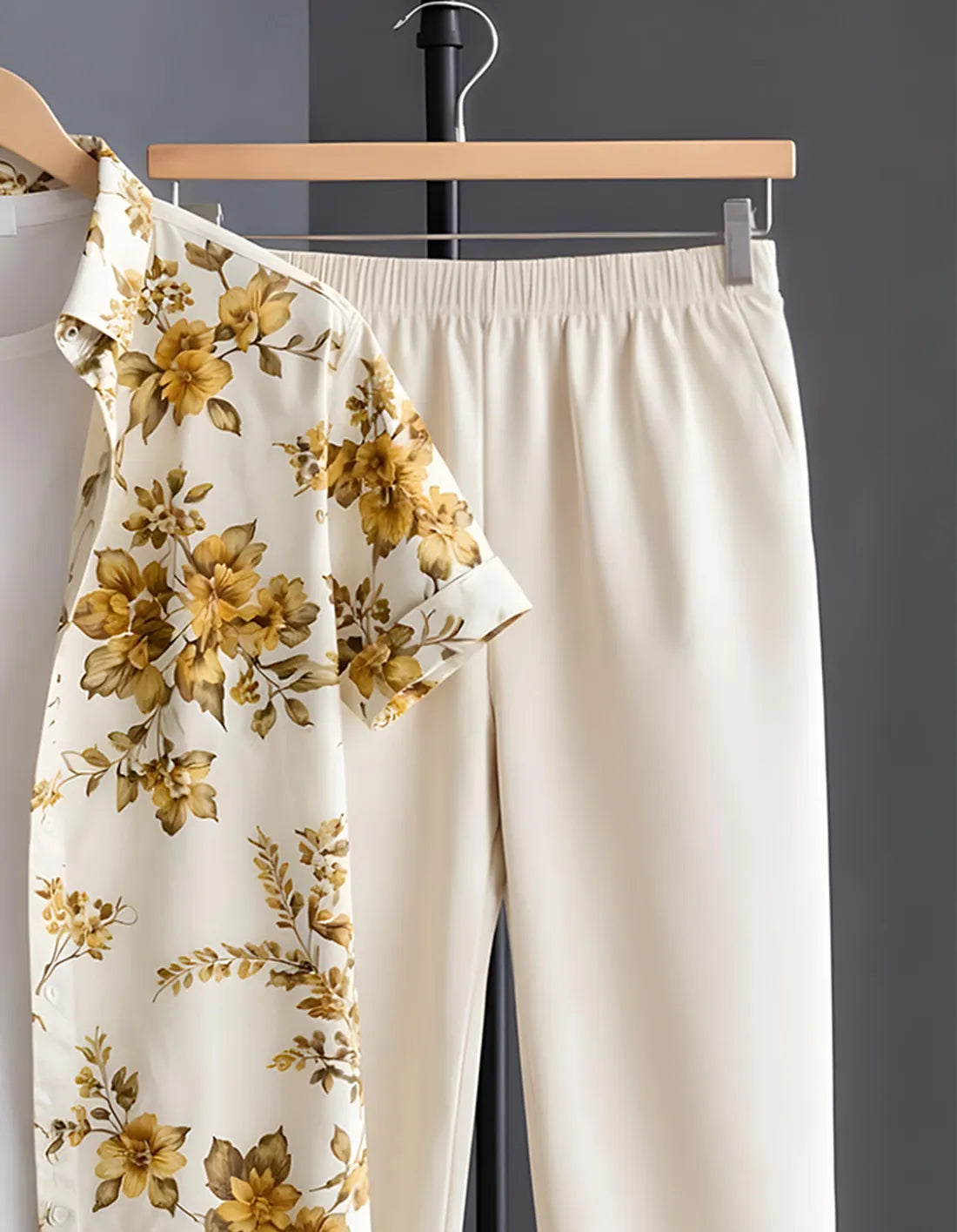 Ivory Gold Floral Print Shirt with Relaxed Fit Solid Pants – Men’s Premium Cord Set