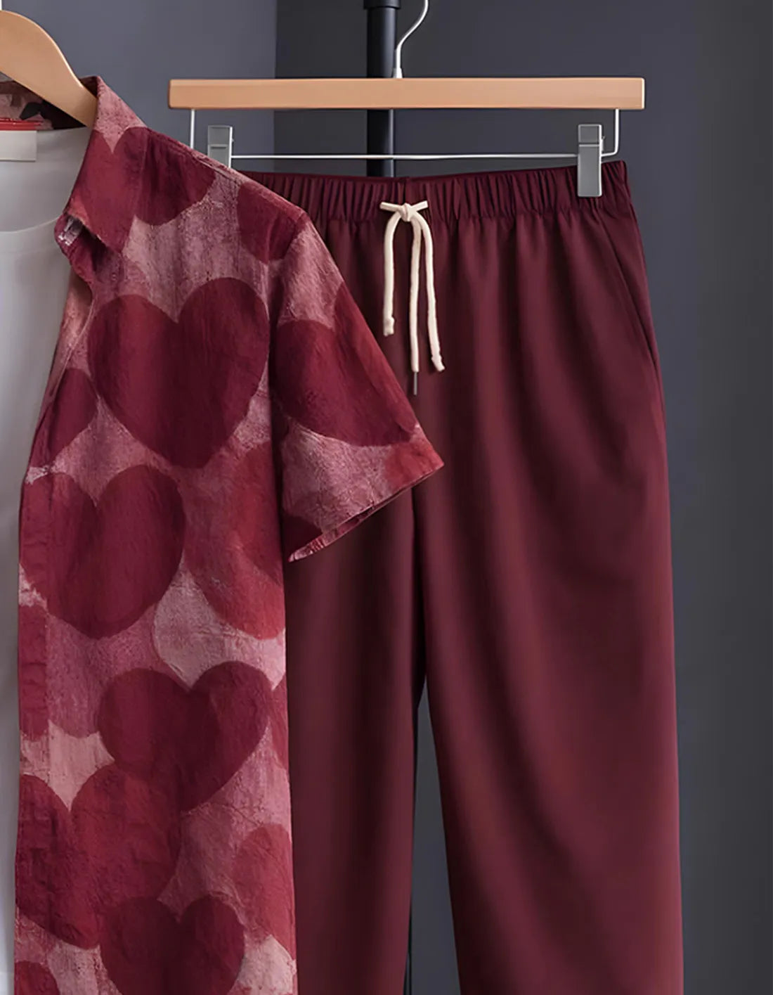 Wine Heart Print Shirt with Relaxed Fit Solid Pants – Men’s Premium Cord Set