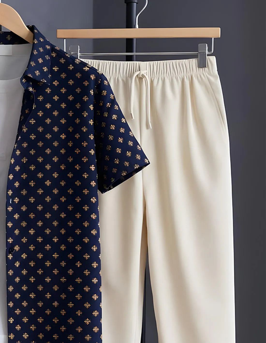 Navy Motif Print Shirt with Relaxed Fit Solid Pants – Men’s Premium Cord Set