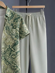 Premium Green Baroque Print Shirt with Relaxed Fit Solid Pants – Men’s Cord Set