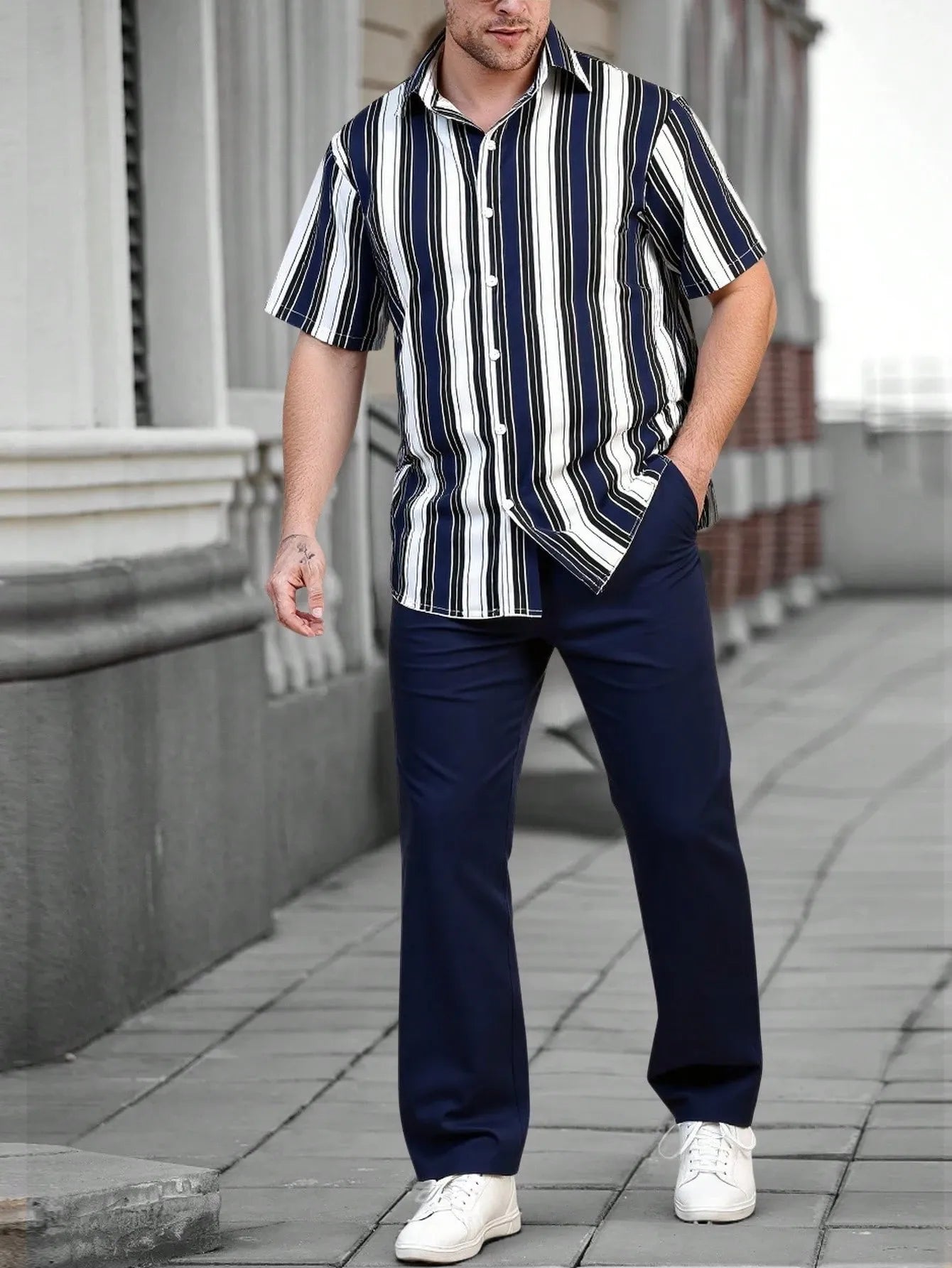 Classic Stripes Co-ord – Blue & White Strip Shirt with Relaxed Blue Pant